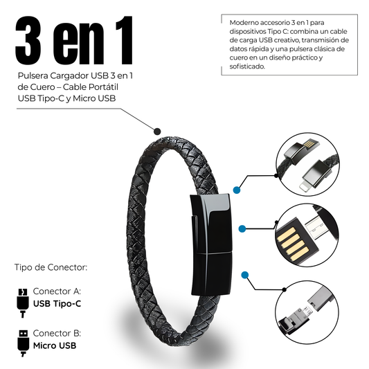 Pulsera Cargador USB 3 en 1 de Cuero