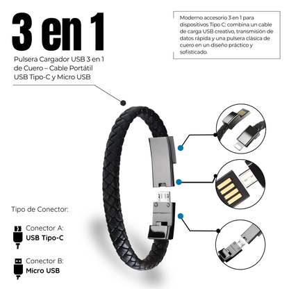 Pulsera Cargador USB 3 en 1 de Cuero