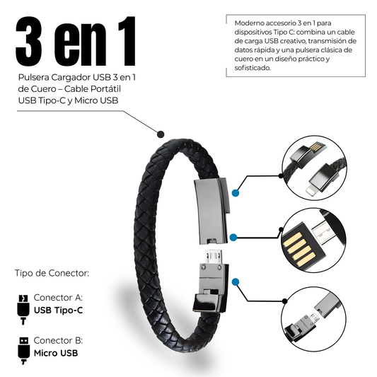 Pulsera Cargador USB 3 en 1 de Cuero
